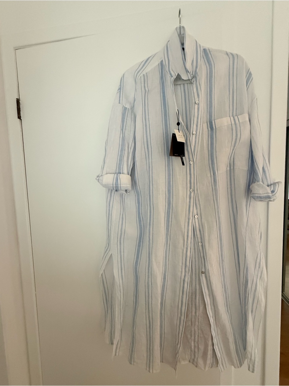 Massimo Dutti Light Blue Stripe Longline women’s Linen Shirt